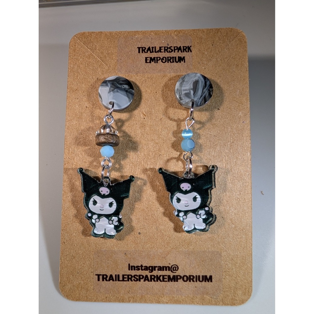 Kuromi Sanrio Handmade Dangle Earrings Nickel Free Blue Wood Bead Marbled Grey